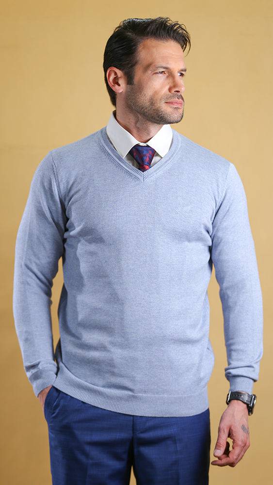 Powder blue v-neck sweater with ribbed cuffs and hem, men's knit top