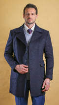 Men's navy overcoat with notched lapels and button front, welt pockets.
