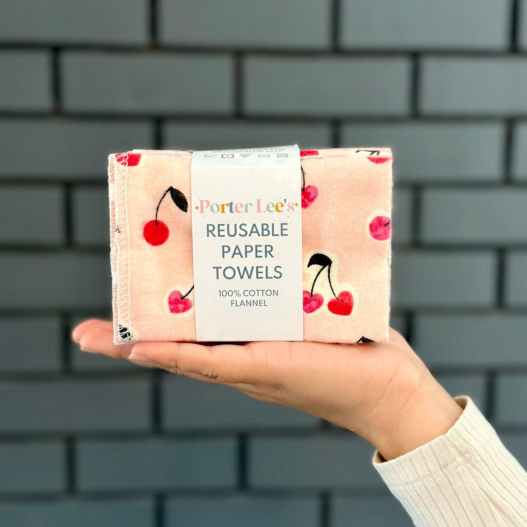 Reusable paper towels pack in pink berry-dot flannel, 100% cotton