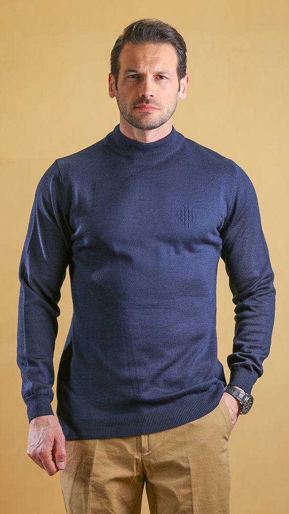 Cobalt blue crewneck sweater with ribbed collar and cuffs, long sleeves.