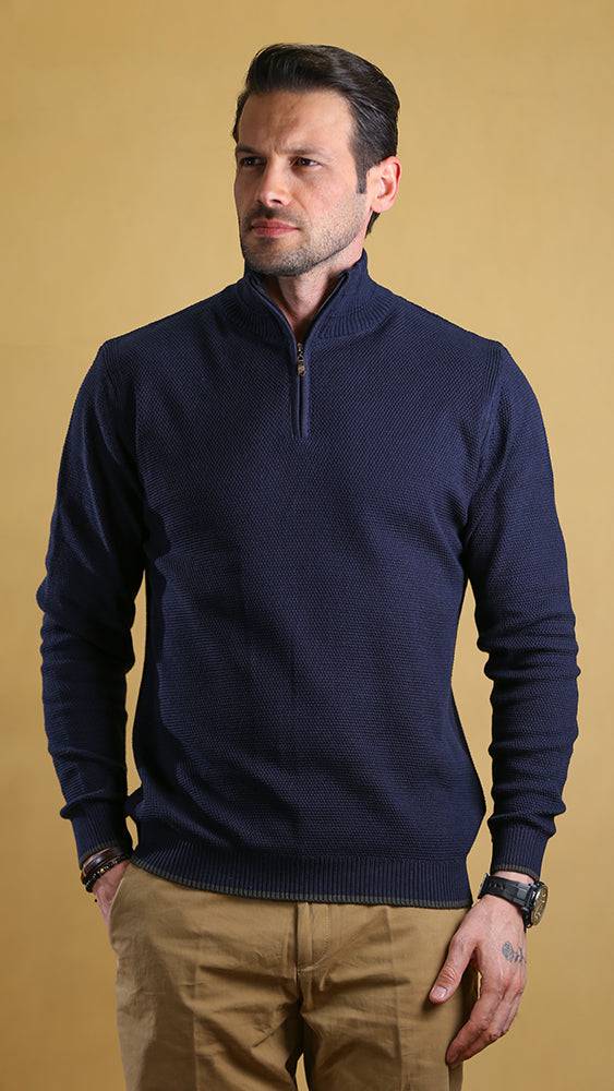 Navy quarter-zip sweater with stand collar and ribbed cuffs, front view