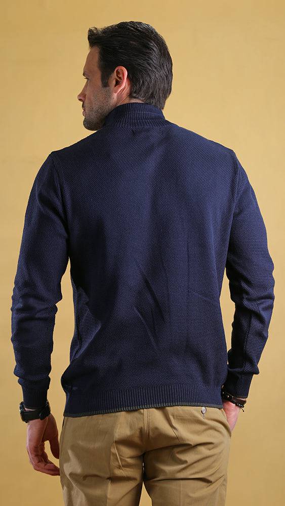 Navy quarter-zip sweater back view with ribbed hem and cuffs