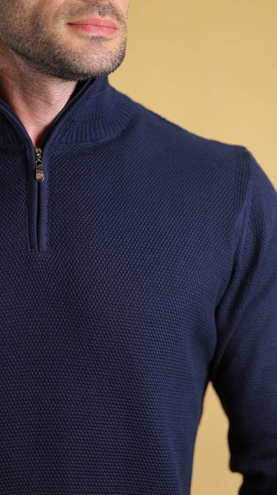 Navy quarter-zip sweater knit texture and zipper placket close-up