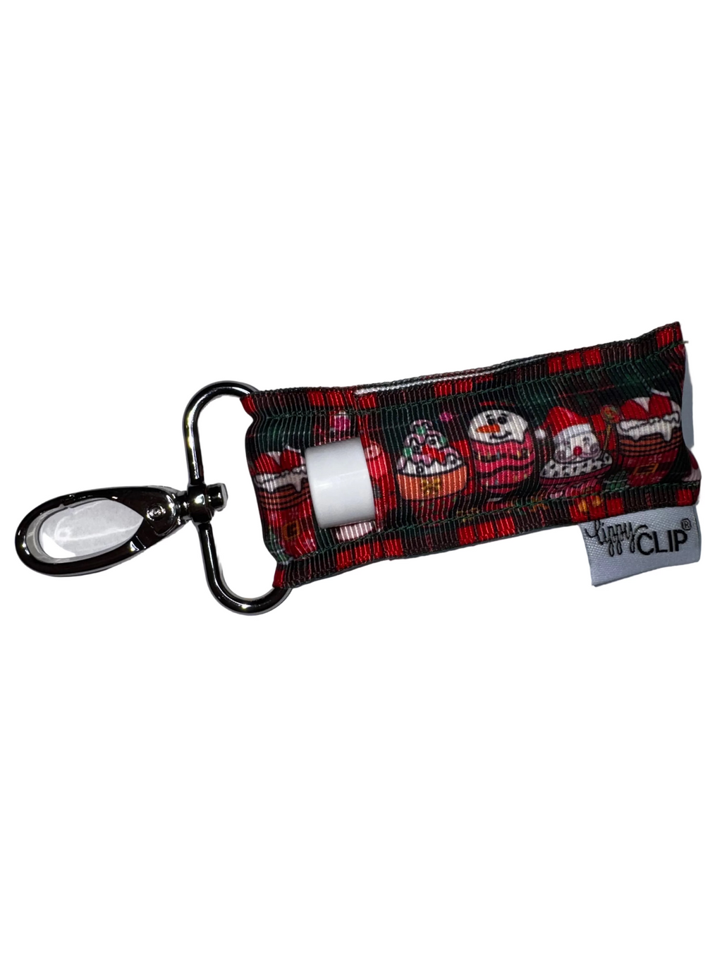 Plaid fabric lip balm holder with metal clip and loop keychain