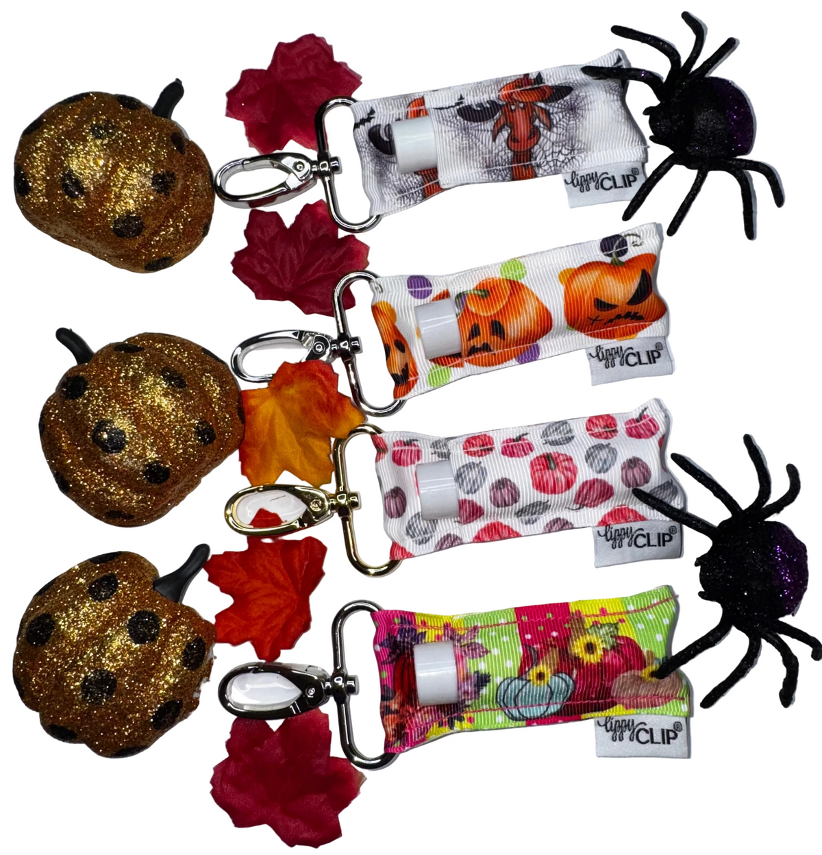 Halloween LippyClip® lip balm holders set with metal keychain clips and patterned pouches
