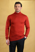 Men's red turtleneck sweater with long sleeves, ribbed cuffs, and ribbed hem.