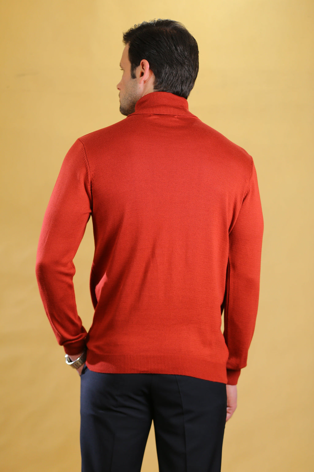Men's red turtleneck sweater, back view with ribbed collar and hem.