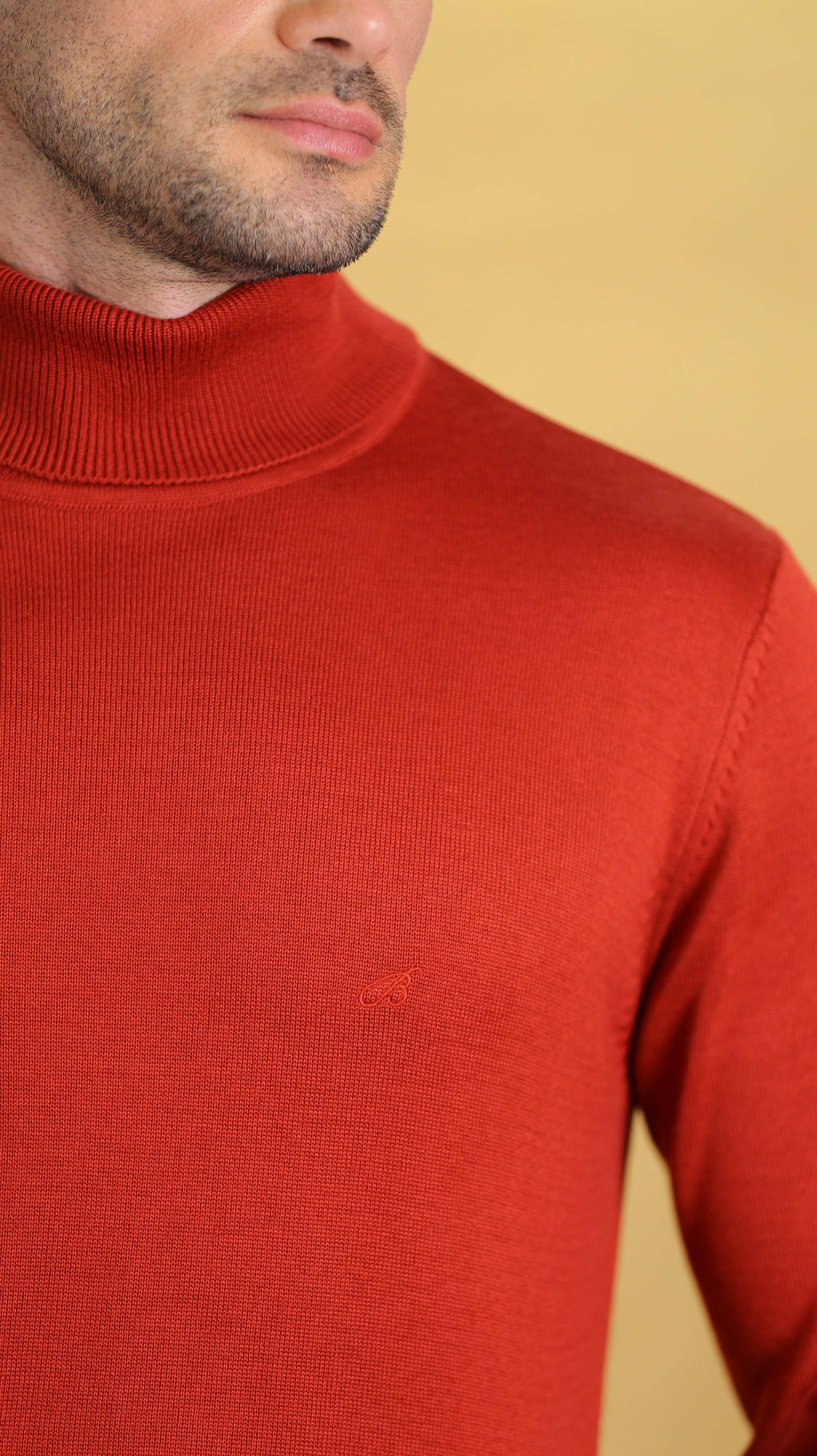 Red ribbed turtleneck sweater with knit texture and high collar.
