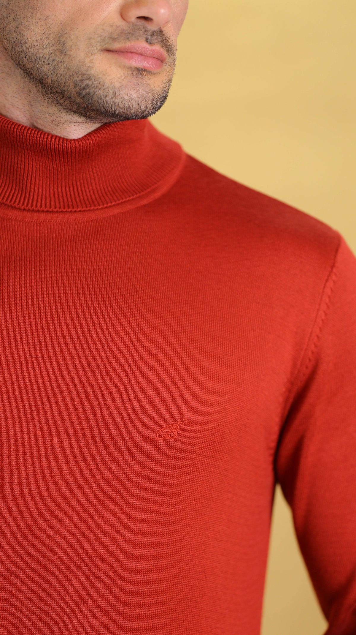 Red ribbed turtleneck sweater with knit texture and high collar.