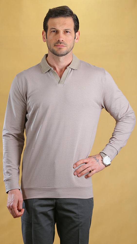 Men's cream long-sleeve polo shirt with collar, button placket, and straight hem