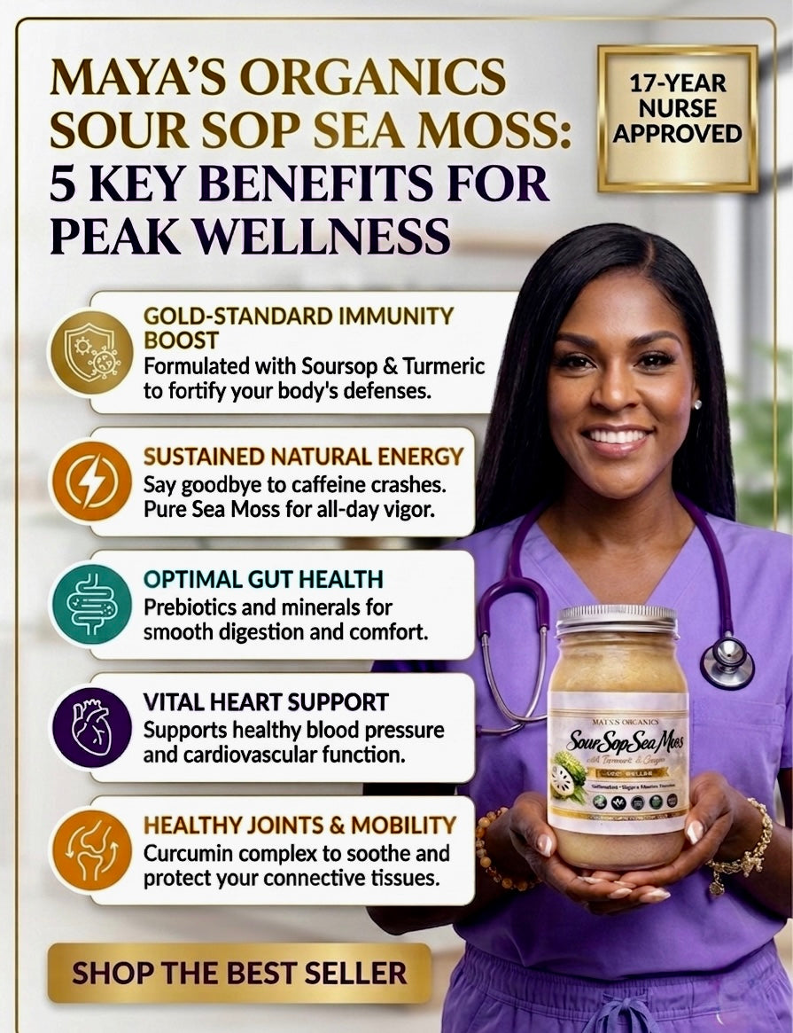 Soursop sea moss gel bottle held by smiling woman in purple scrubs