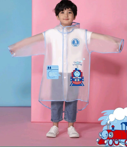 Kids clear raincoat with pink trim, hood, and large front cartoon patch