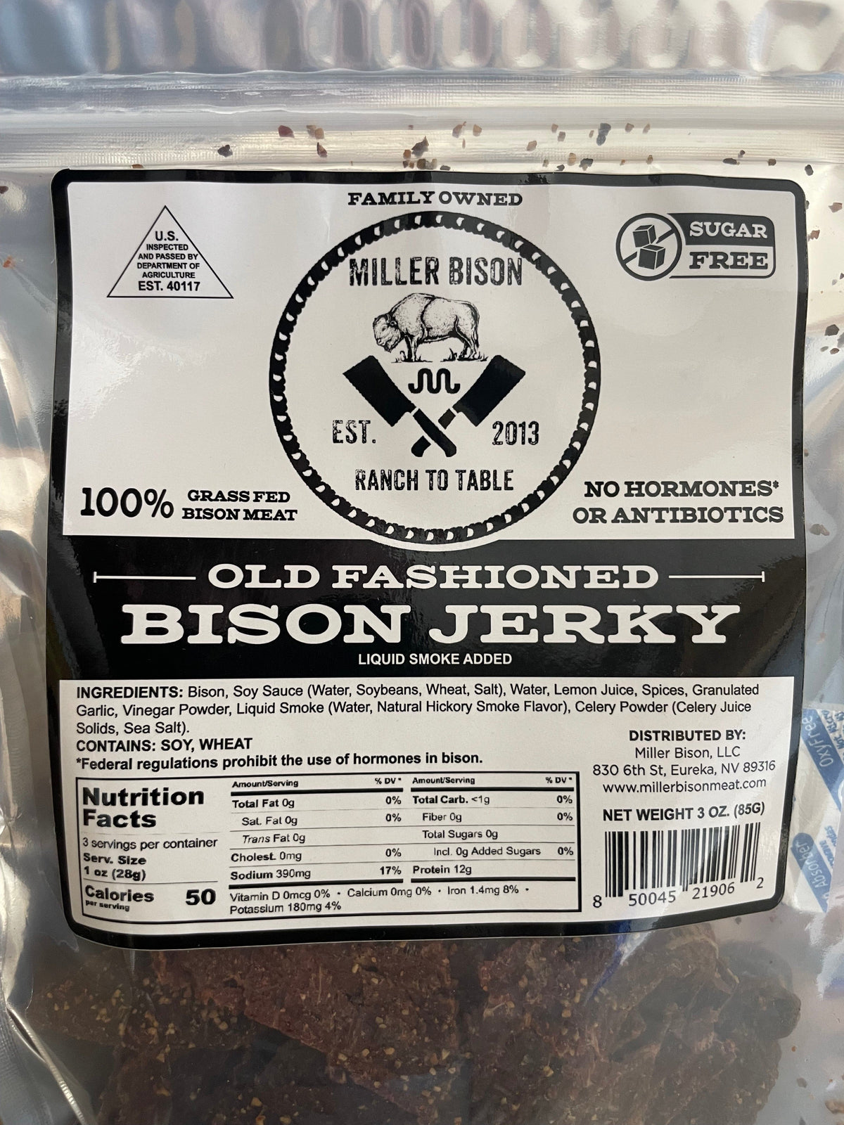 Old fashioned bison jerky pouch back label with ingredients and nutrition facts