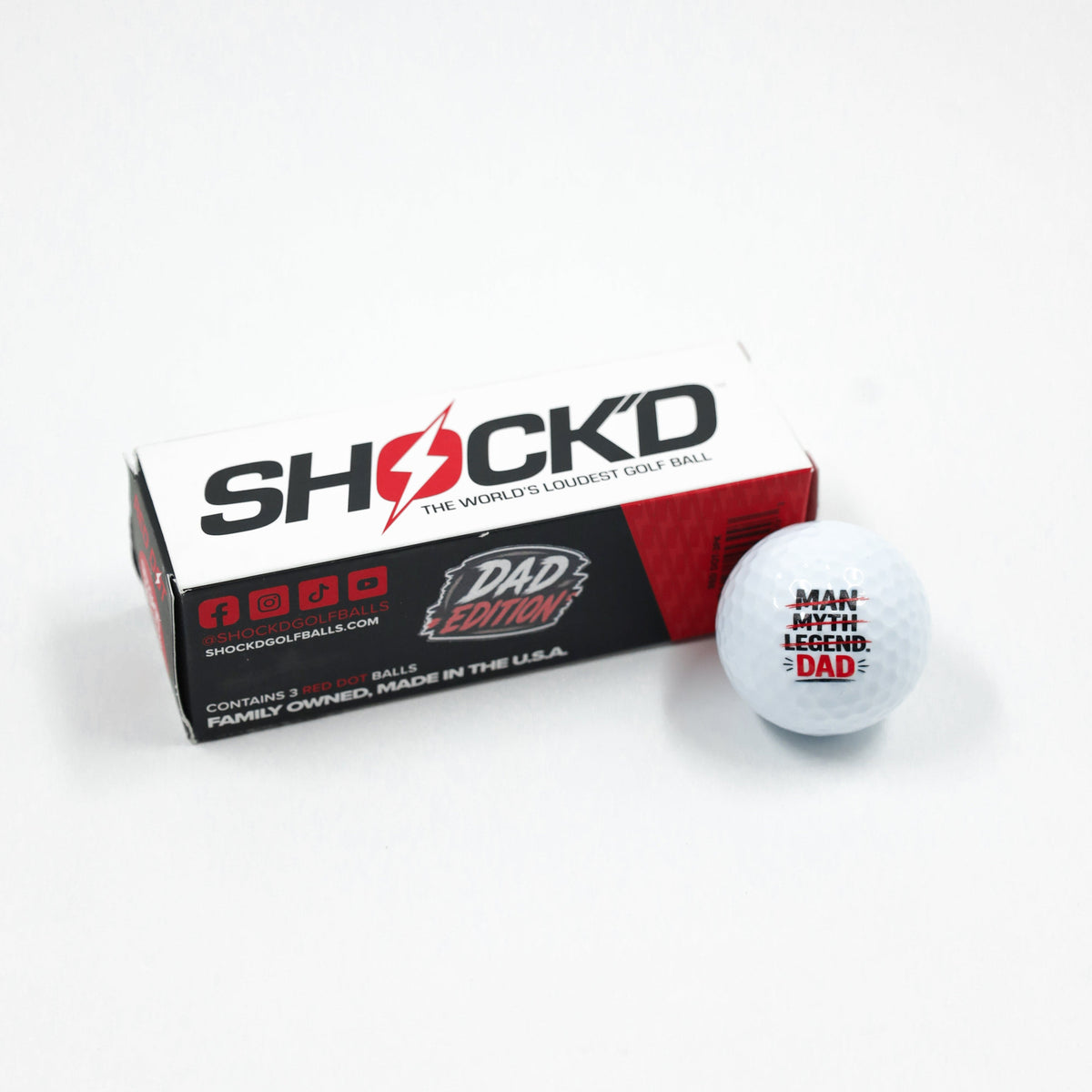 Dad Edition Shock'd golf ball box with one white ball and red dot