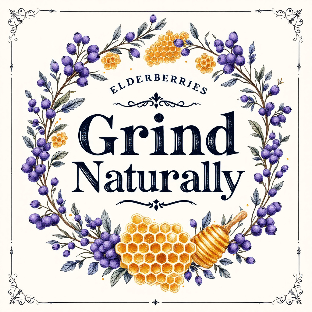 Elderberry honey label artwork with purple elderberries, honeycomb, and jar design