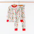 Kids organic cotton pajama set with long sleeves; white teddy-and-tea print, red trim cuffs