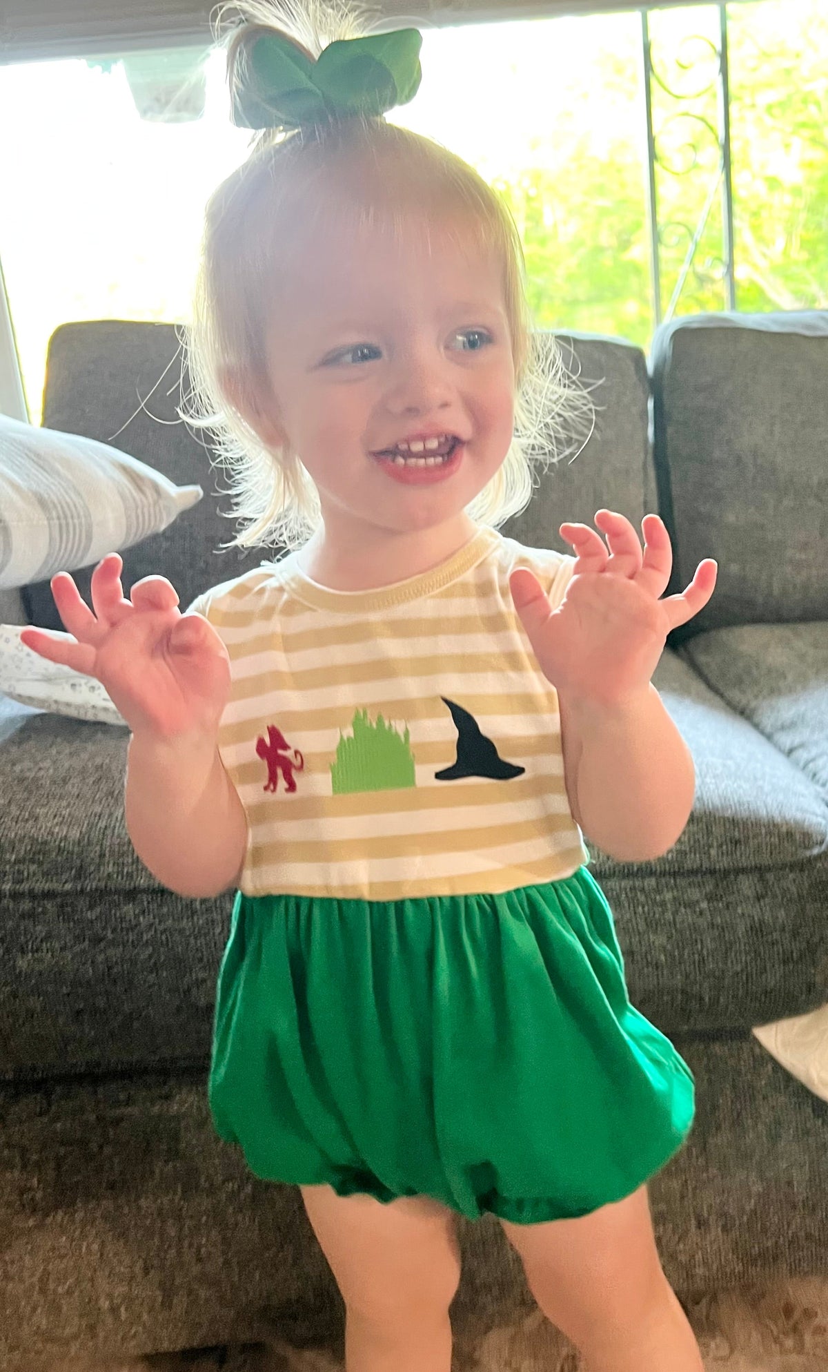 Girls Emerald City Bubble romper with striped top and green bubble shorts