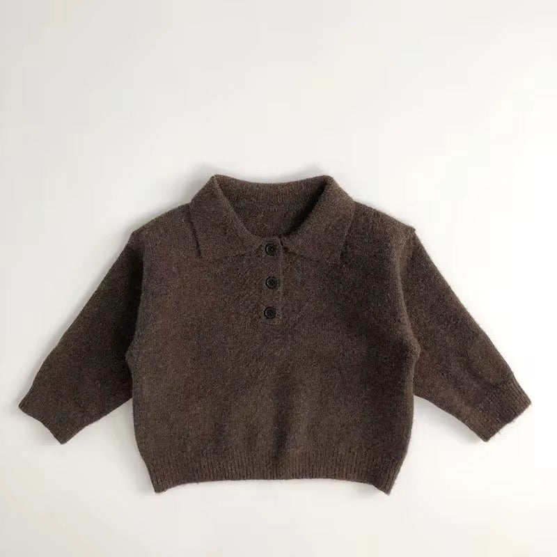 Toddler knit sweater, dark brown, collared henley with three-button placket