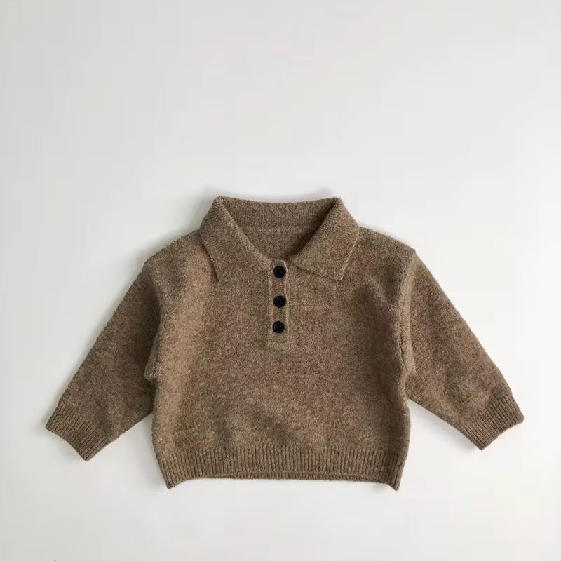 Toddler knit sweater, brown, collared henley with dark button placket
