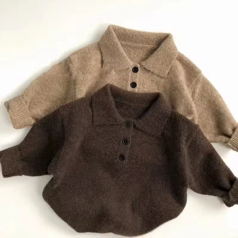 Toddler knit sweater, light and dark brown, collared henley with button placket