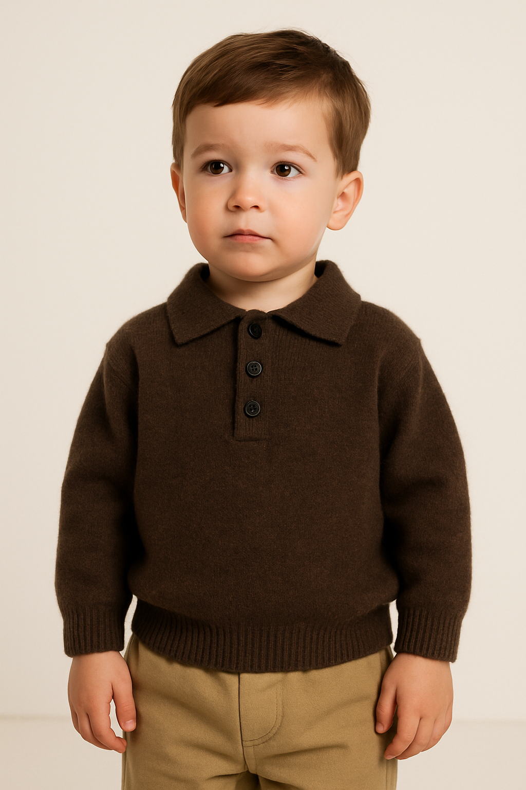 Toddler knit sweater, dark brown, collared henley with three-button placket