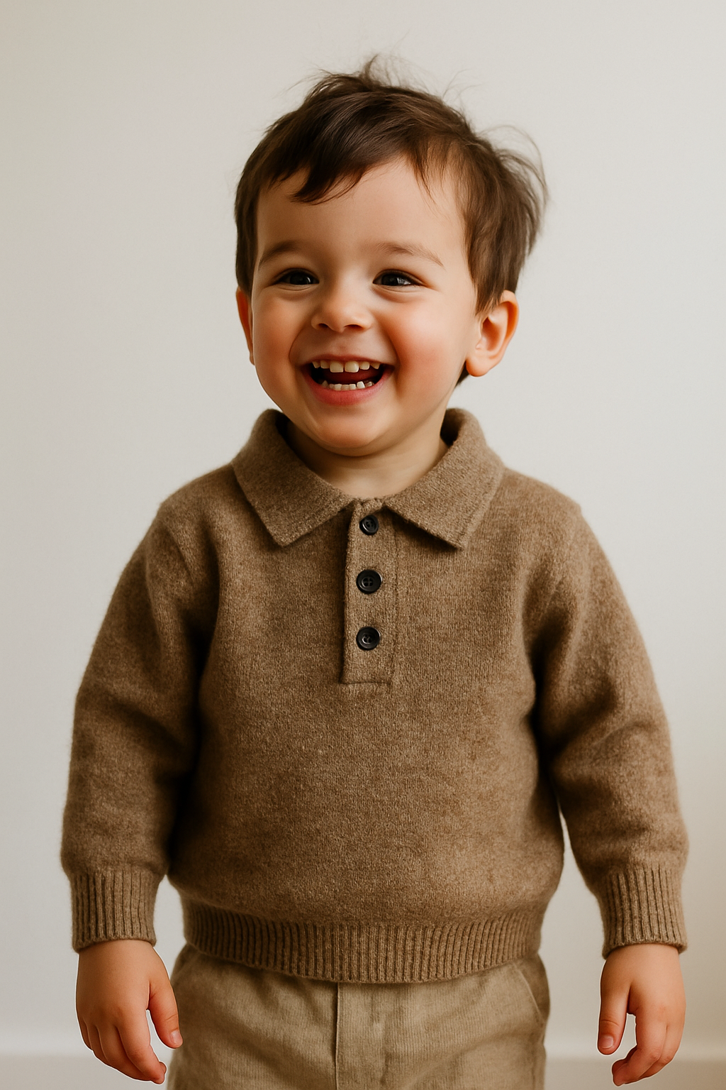 Toddler knit sweater, tan-brown, collared henley with three-button placket