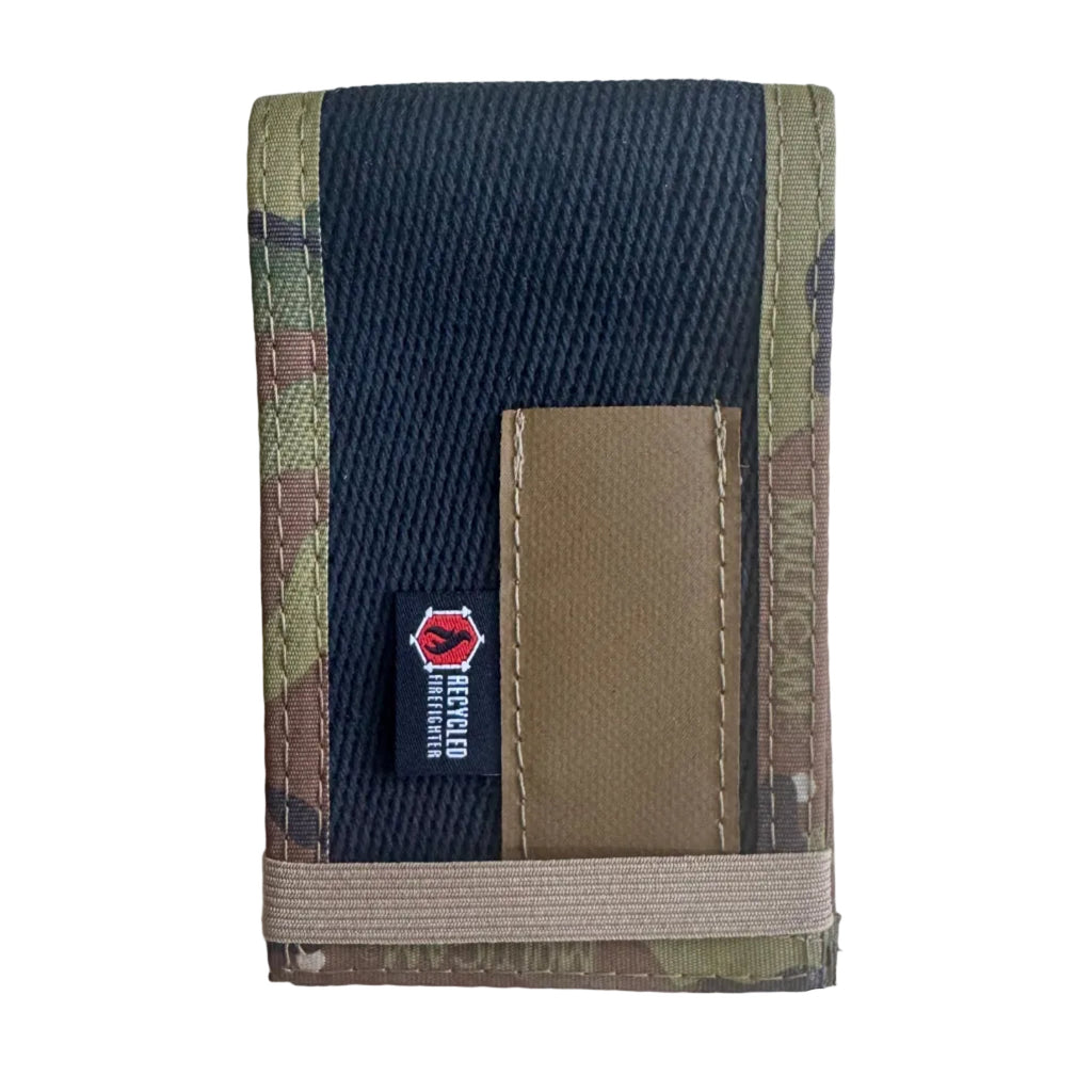Rite in the Rain notebook cover, navy blue front with camo side panels and tan holder