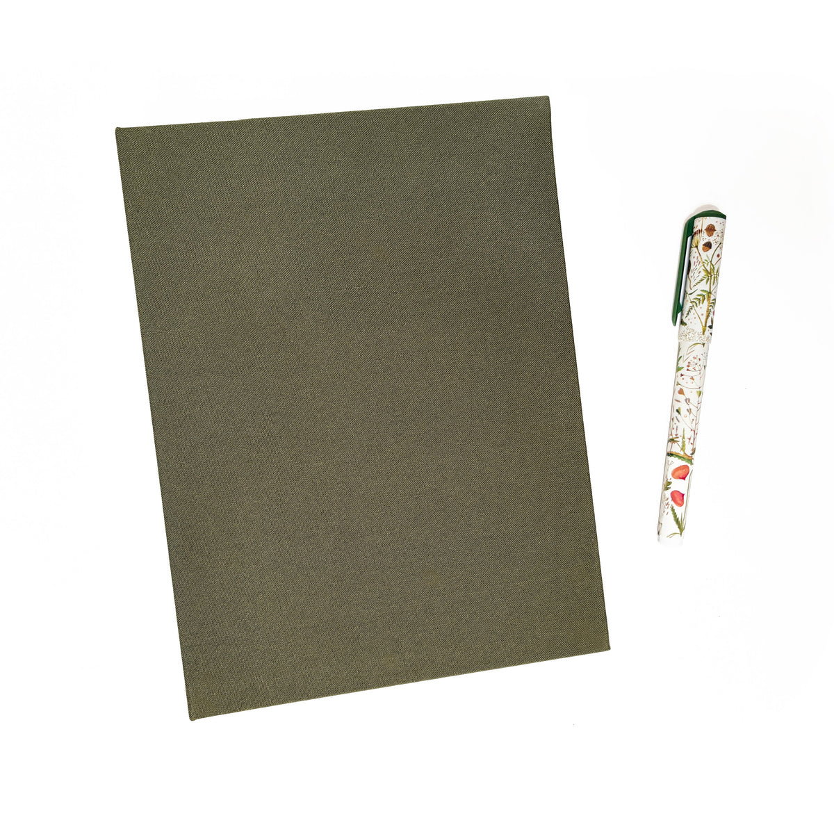 Olive green linen 3-ring binder with patterned pen accessory