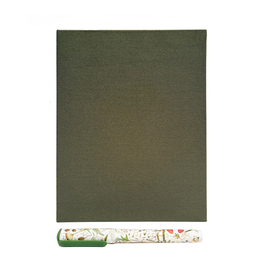 Olive green linen 3-ring binder with patterned spine tab