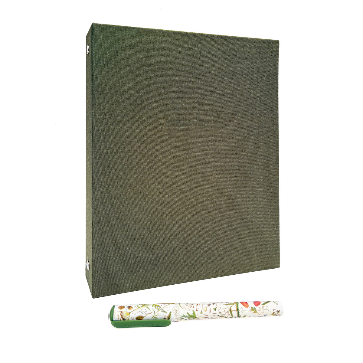 Olive green linen 3-ring binder with patterned tab peeking from bottom