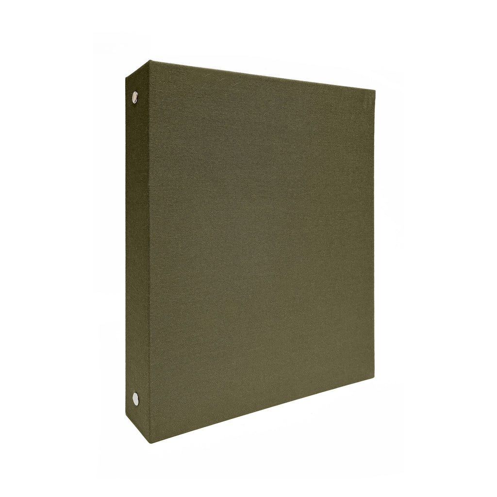 Olive green linen 3-ring binder, hardcover half-letter size