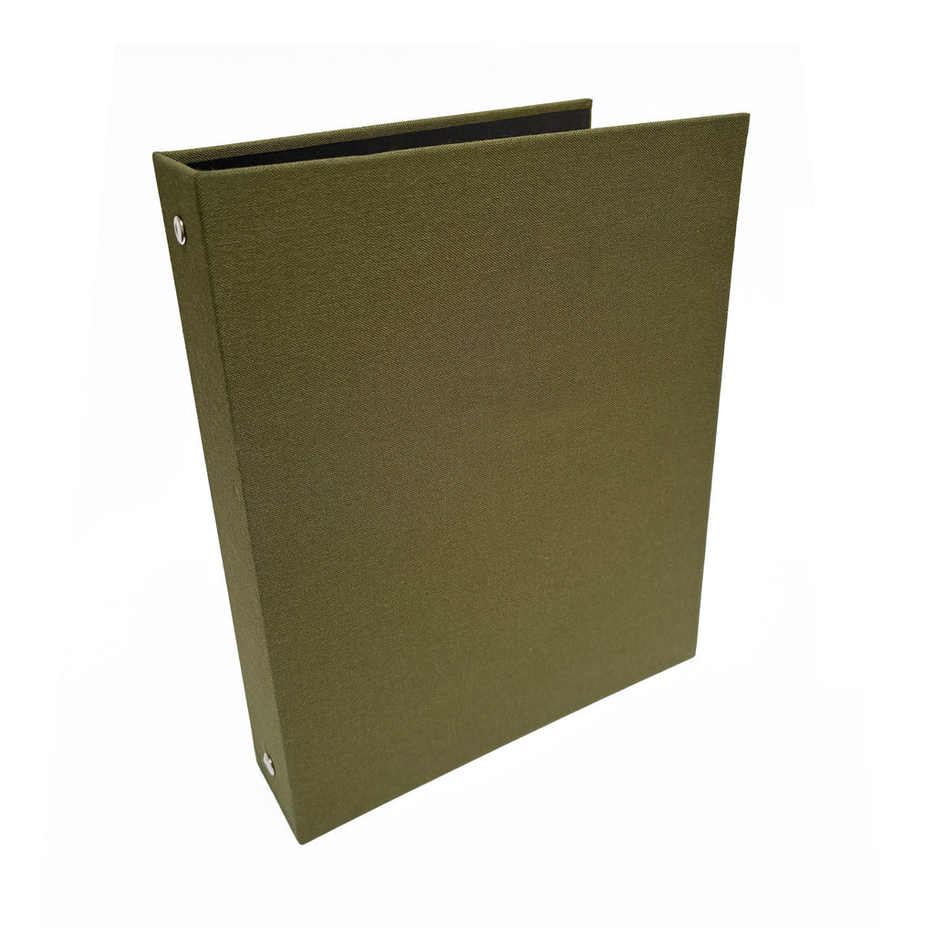 Olive green linen 3-ring binder, hardcover half-letter size, metal rings visible