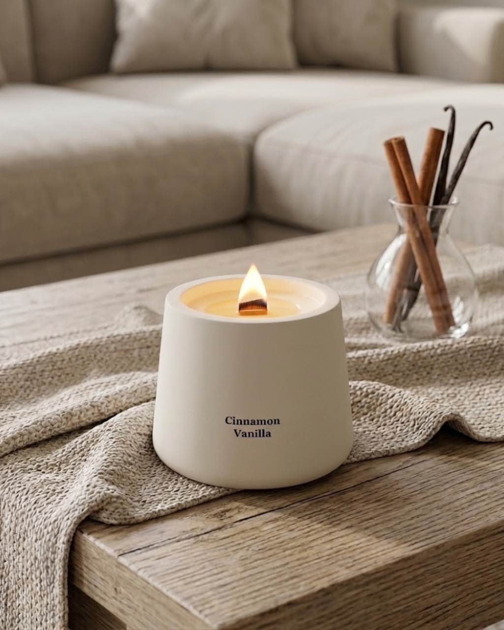 Cream cylindrical scented candle with flame, labeled Cinnamon Vanilla