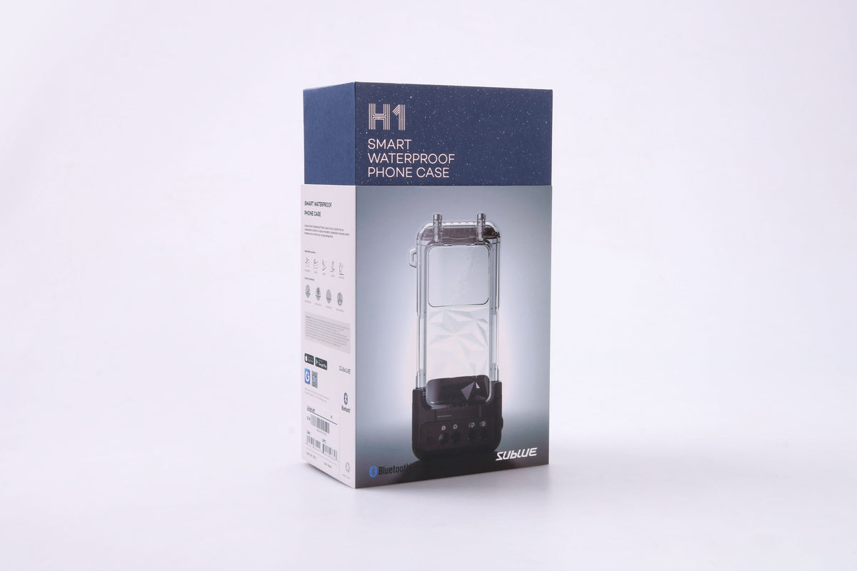 H1 Smart Waterproof Phone Case retail box with product photo and clear case illustration