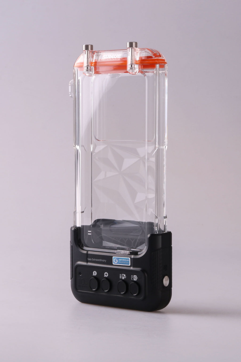 Waterproof phone case with clear front window and black bottom control module