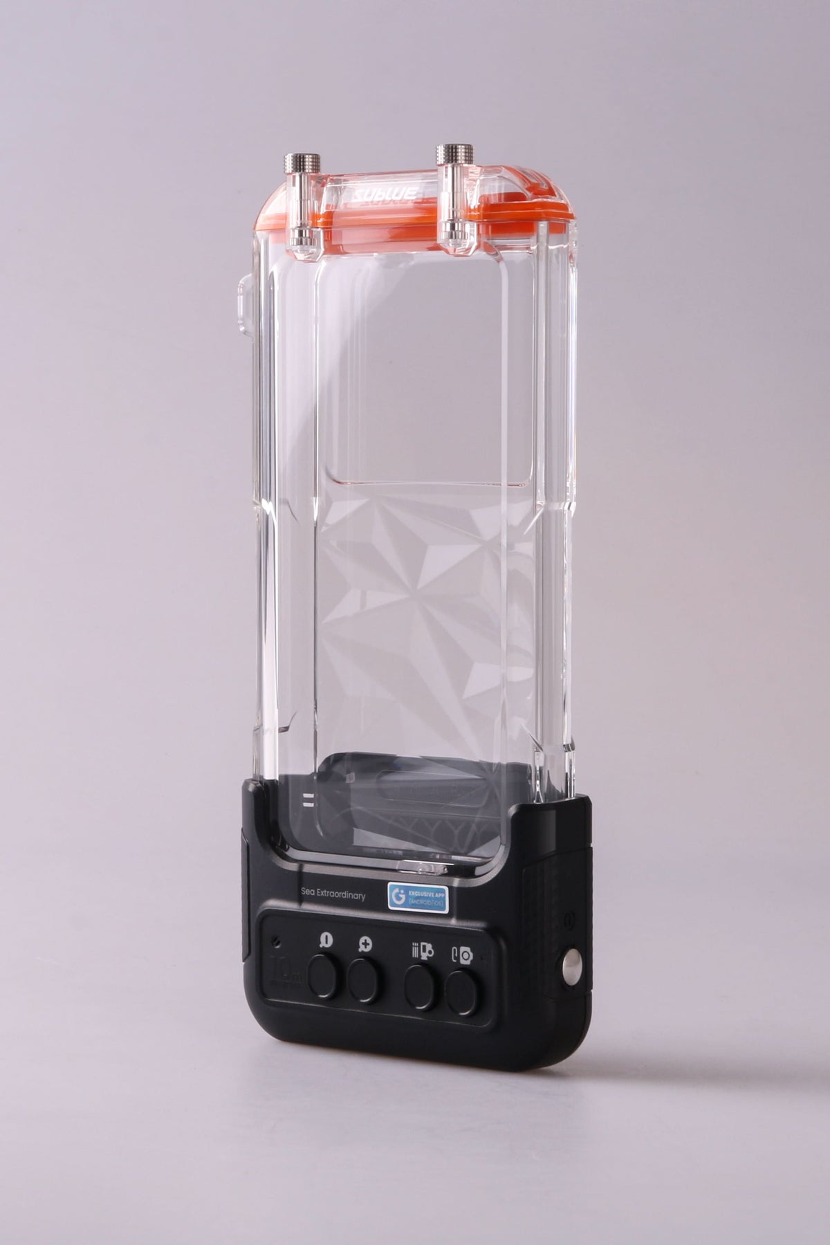 Waterproof phone case with clear front window and black bottom control module