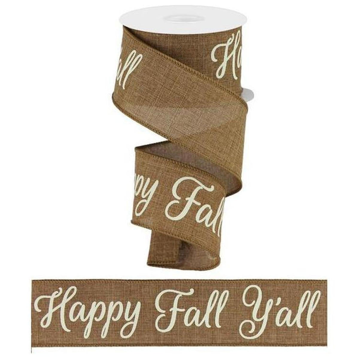 Tan burlap ribbon sample strip, 2.5-inch wide with “Happy Fall Y’all”