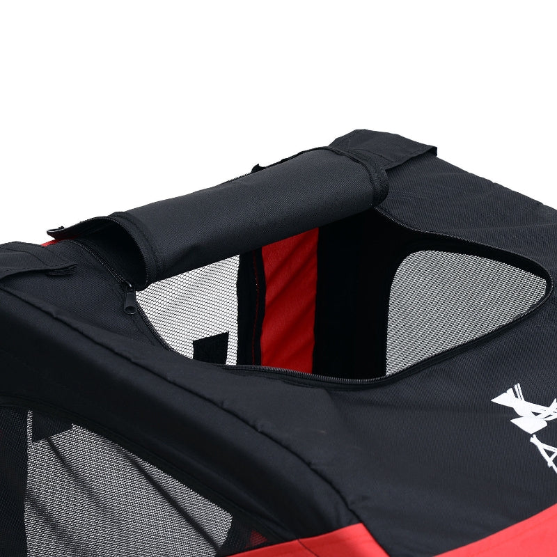 Pet trailer top canopy with black mesh sides and red interior accents
