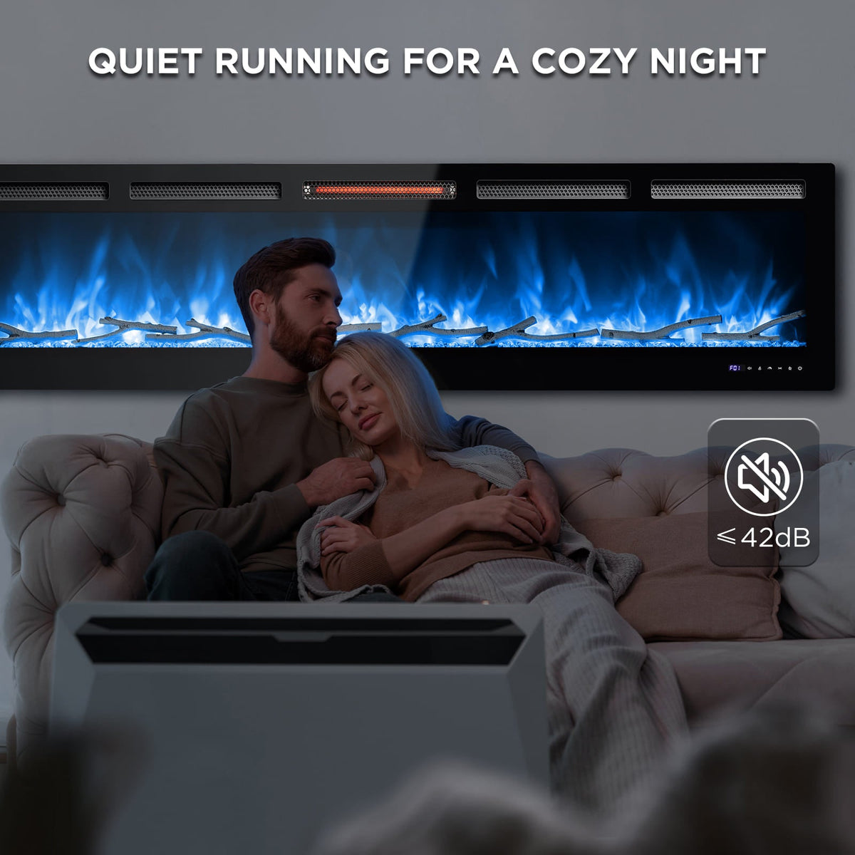 Wall-mounted electric fireplace with tempered glass and blue flame mode