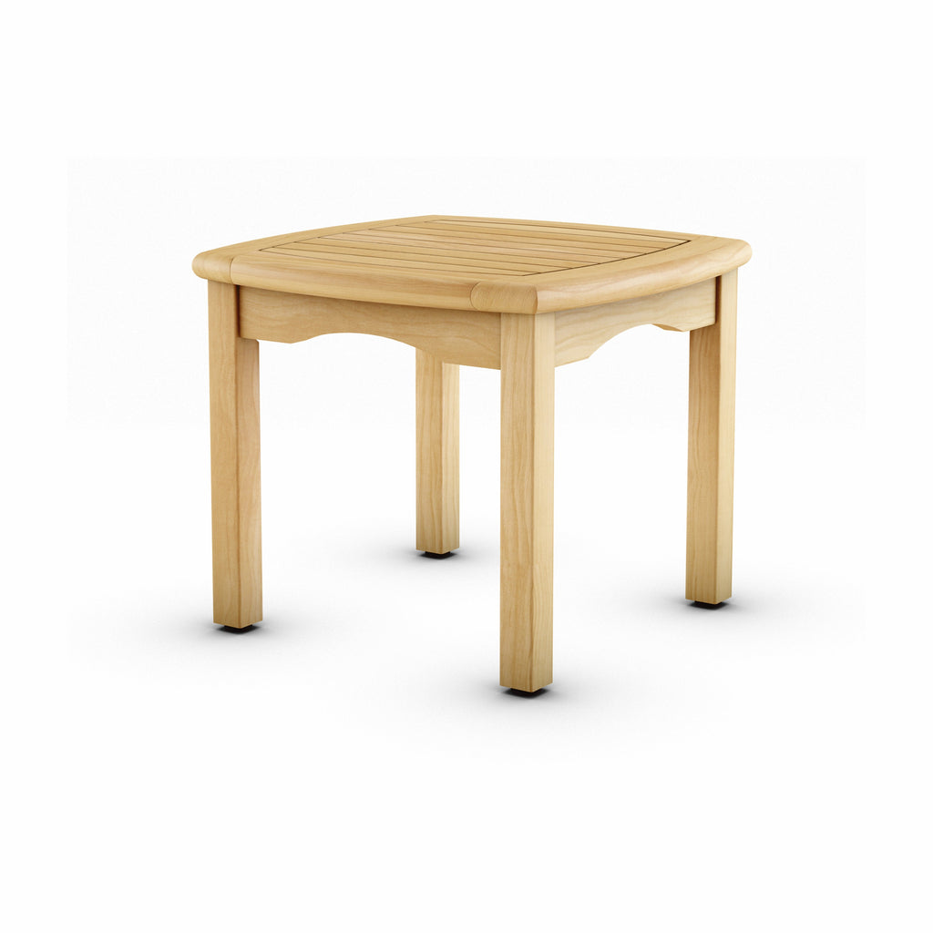 Square teak side table with slatted top and four tapered legs