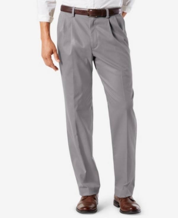Men's grey stretch classic-fit pants, straight leg with front crease and belt loops