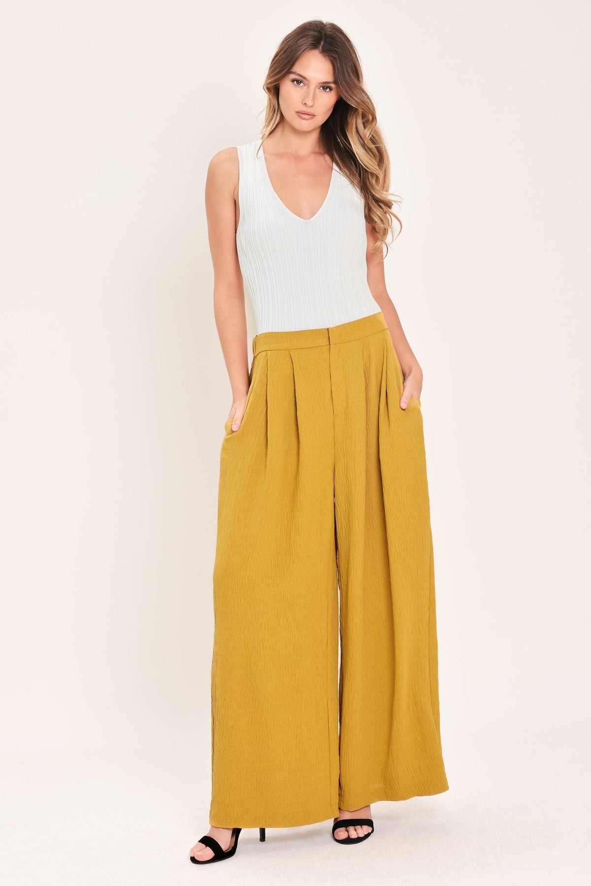 Mustard woven wide-leg pants with high-rise elastic waist and relaxed fit