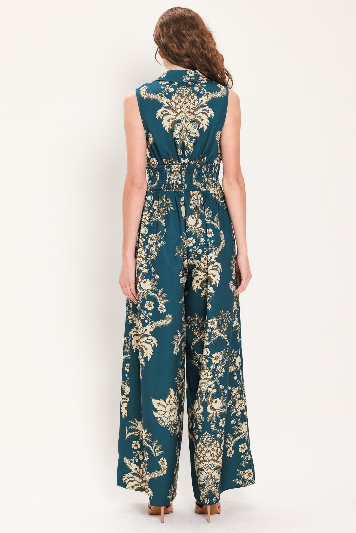 Teal floral printed sleeveless collared wide-leg jumpsuit, back view