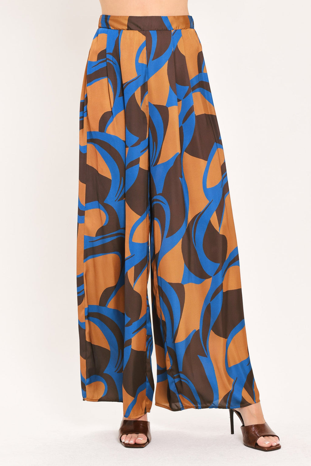 Brown and blue wave-print wide-leg woven pants with elastic waistband and full-length legs