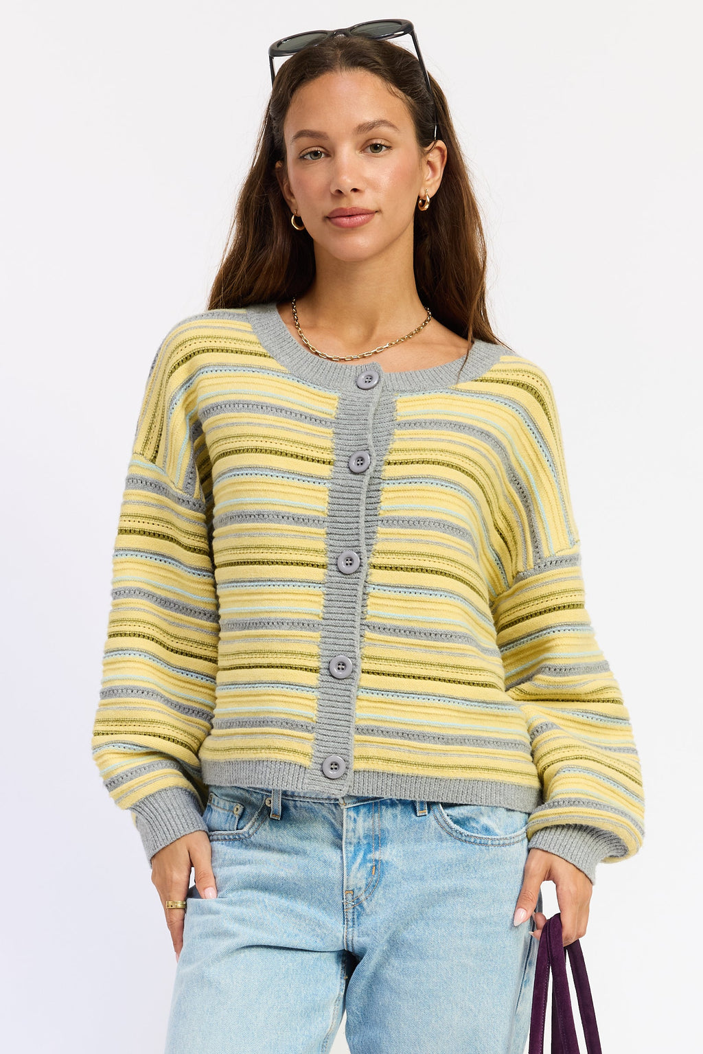 Striped cardigan with button front, yellow-gray and light gray ribbed cuffs