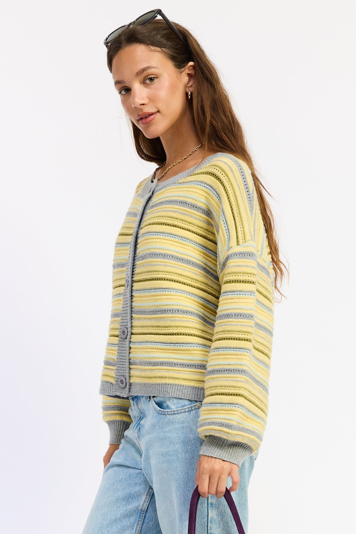 Striped button-front cardigan, yellow-gray multi stripe knit, long sleeves