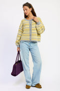 Striped yellow-gray cardigan with button placket and ribbed cuffs, long sleeves