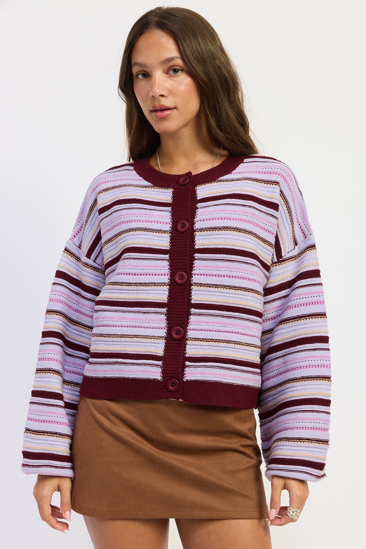 Striped cardigan with button front, purple and burgundy multi stripes, ribbed hem
