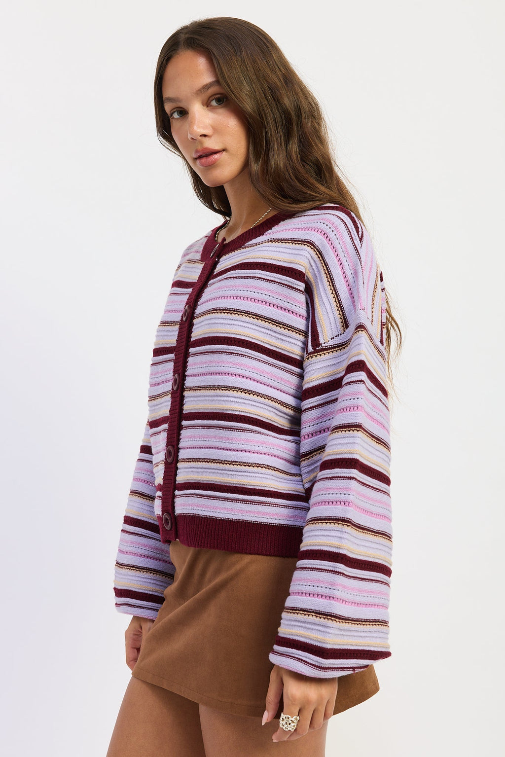 Striped button-front cardigan in purple burgundy multi stripe knit, long sleeves