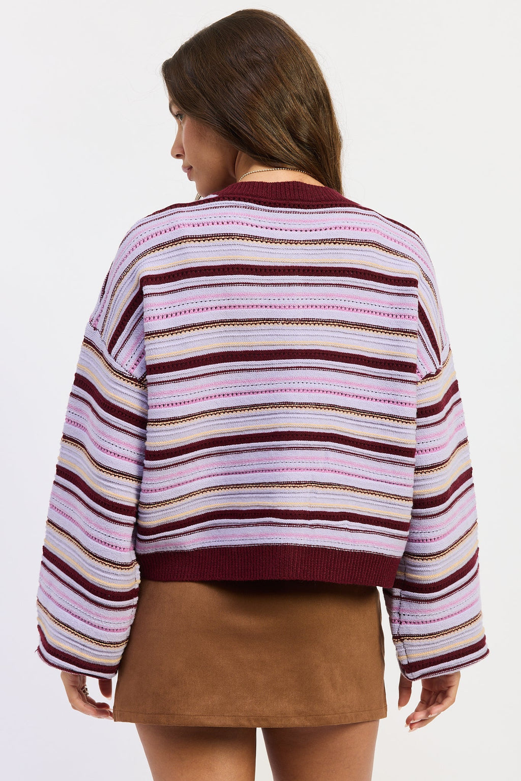 Back view of striped cardigan with button placket, purple-burgundy multi stripes